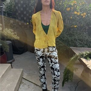 Realisation Par Yellow Silk Tie Front Blouse Long Sleeve Sheer Floral Size S